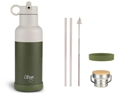 CITRON - Gourde Enfant avec Paille 500 ml - Conteneur Isolé Chaud/Froid - Acier Inoxydable - Vert