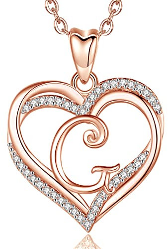INFUSEU Letter Necklace A-Z Alphabet, Double Heart Necklace Rose Gold Pendant Long 20 Inch Chain Rose Gold G Jewellery Personalised Birthday Gifts For Women Female Wife