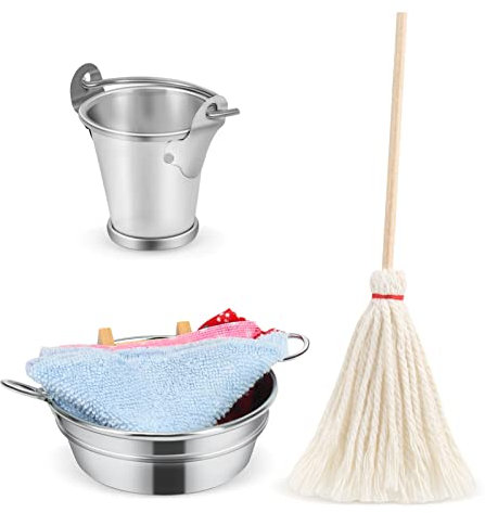 Dreafly 1/12 Puppenhaus Zubehör Mini Reinigungswerkzeuge,Miniatur Mopp Eimer Set Badezimmer Washtub mit Waschbrett Handtuch Set Für Küche Garten Zubehör Wichtel ZubehöR