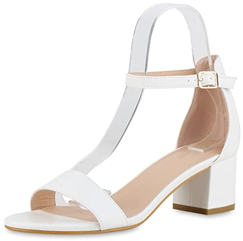 VAN HILL Damen Klassische Sandaletten Blockabsatz Schuhe Leder-Optik Abendschuhe Elegante Mid Heels Riemchenschuhe 211192 Weiss 39