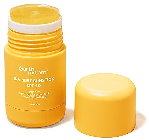 Earth Rhythm Sunstick SPF 60 PA++++ Invisible Sunscreen | Water Resistant, No White Cast, Lightweight I Almond Oil, Jojoba Oil & Vitamin E | Suits all skin types | Women & Men - 40 gm
