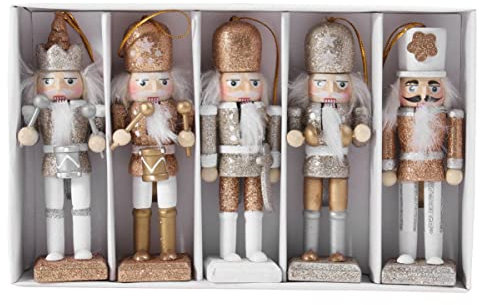 SEWACC 5pcs Christmas Nutcracker Figures, Wooden Nutcracker Set Wood Nutcracker Ornaments for Christmas Decor (White Golden)