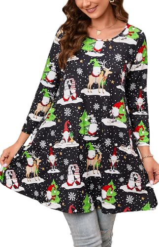 Enmain Christmas Tunic Tops for Women UK Ladies Xmas Long Sleeve Tunics Plus Size 3/4 Sleeve Tunic-Top Printed Casual T-Shirt Gifts for Women,Xmas Black 01,2XL