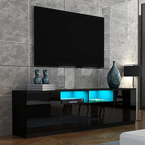 TV Stand Cabinet Modern Black Gloss TV Stand Unit Sideboard with LED Lights 180CM, 4 Drawers and 2 Doors, for Bedroom Living Room Home Furniture