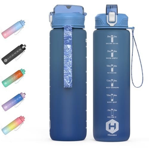 HOMEEX Bouteille d'eau de 1 litre avec paille et machine à temps, bouteille en plastique sans BPA, design de 3 l, pour salle de sport (bleu)