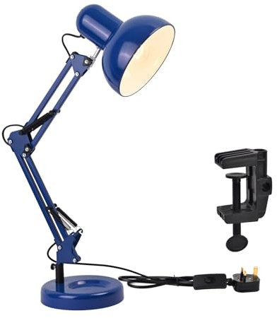 TEKLED® LED Desk Lamp | Adjustable Swing Arm | Replaceable E27 Edison Screw Bulb Holder | Flexible Table Clamp | for Bedside Reading Office Work Architects Students (Swing Arm Dark Blue)
