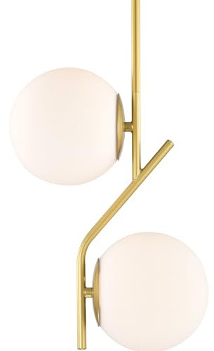 Alighting Pendelleuchte Gold mit 2 Milchglas Kugeln Ø15 cm Mid Century Modern Pendelleuchte für Kücheninsel Esstisch Flur Schlafzimmer Bad