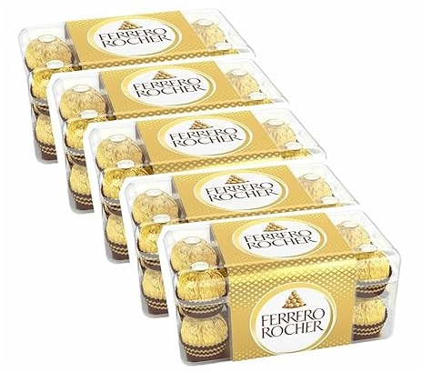 Ferrero Rocher, Exquisite Haselnuss und Milchschokolade Premium Geschenkbox, je 16 Stück (200 g, 5 Stück)