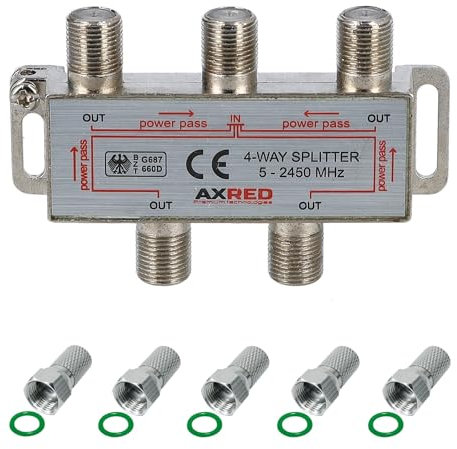 AXRED Sat Verteiler 4fach + 5X Anadol F-Stecker, für Verteilung von 1 Antennensignal auf 4 Endgeräte (Receiver/Fernseher/UKW Radio) 3-Fach Satverteiler Sat Splitter Satswitch Antennenverteiler
