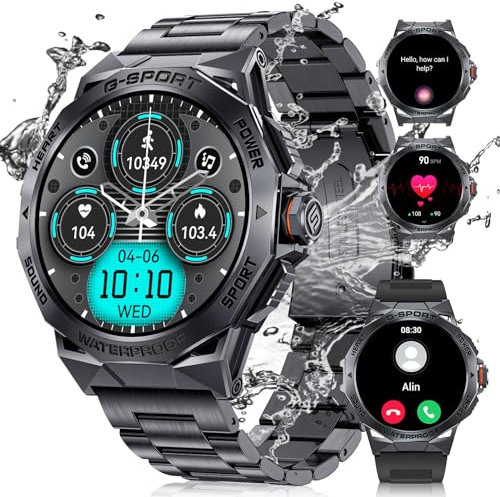 FOXBOX Militares Reloj Inteligentes Hombre, 1,43 AMOLED Hacer/Responder Llamadas, 5 ATM Impermeable, Seguimiento de Actividad Ritmo Cardíaco Calorías, 400 mAh Reloj Inteligente con iOS Android Negro