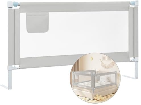 WOLTU Bettgitter, 150 cm Bettschutzgitter für Kinder & Baby, Rausfallschutz für Kinderbett & Elternbett, höhenverstellbar 69-87 cm, Oxford-Gewebe Metall, Hellgrau