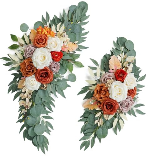 Udoula Burnt Orange Wedding Arch Flowers, Artificial Flowers for Wedding Welcome Signs and Autumn Weddings Reception Ceremony Decoration, Fall Flowers Decor (Set of 2)