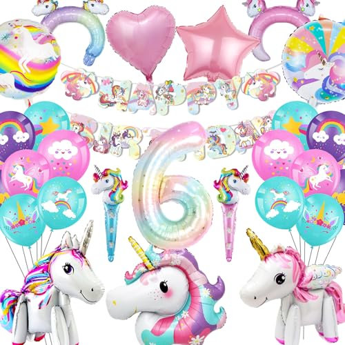 Betensh Einhorn Geburtstagsdeko für Mädchen 6 Jahre - Luftballon, Folienballon, Party Deko für Kindergeburtstag