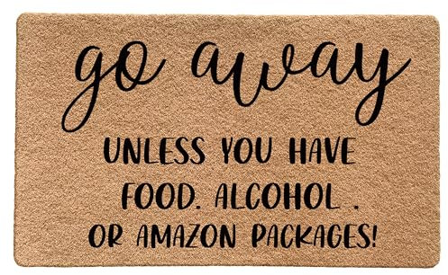 LUVADIAN Funny Welcome Mats for Front Door - Go Away Welcome Mat, Funny Outdoor Entrance, Front Porch Door Mats, Go Away Unless You Have Food or Packages, 17x30 Inch