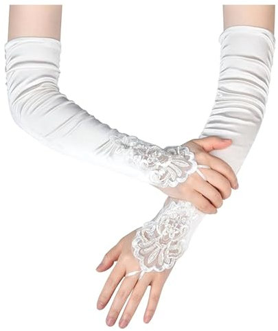 Esshogo Lange Handschuhe,Damen Handschuhe Satin Classic, Abendhandschuhe, Hochzeit Braut Handschuhe Sicken Armstulpen Frauen Lange Handschuhe(Weiß)
