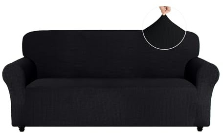 Easy-Going Stretch Sofa Überzug 3 Sitzer, Rutschfester Sofabezug für Hund Katze, Stilvoller Jacquard Couch Überzug Bezug, Weicher Küchensofa Couch Cover, 1 Stück Sofaschoner mit Armlehnen, Schwarz