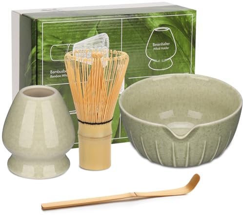 Geebuzz Matcha Whisk Set - Matcha Bowl and Bamboo Matcha Whisk, Scoop, Spoon, Sifter, Whisk Holder, 6pcs Perfect Matcha Starter Kit for Matcha Tea Ceremony (D Green)