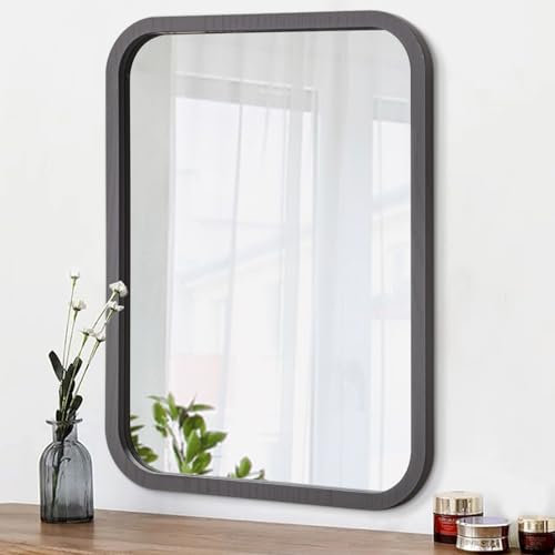 AOAOPQ gerahmt Rechteck Badspiegel für Wand montiert, abgerundete Ecke rechteckige Eitelkeit Spiegel hängt vertikal Holz grau 40x50cm