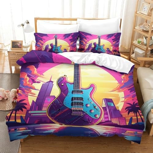 ZFBSOVDAK Gitarres Bettbezug Bettwäsche Set Kinderbettwäsche-Set Reißverschluss Mit Kissenbezug Betten Set Für Jugendliche Kinder Schlafzimmer Single(140x200cm)