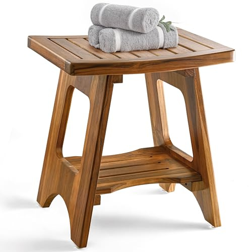 HOLANA Banc de douche en teck de 45,7 cm pour douche intérieure – Banc de douche en bois imperméable pour se raser les jambes – Banc avec étagère de rangement pour serviette de salle de bain – Banc de