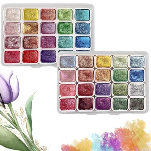 CHENRI Kolorful - Powder Mineral Pearl Pigment Art Watercolor, 20 Farben Aquarellfarben Set, Aquarell für Reisen, Wasserfarben Aquarell Farben Set, Tragbar Aquarell Malkasten für Kunstmalerei (2PCS)