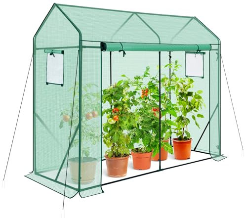 AMHANCIBLE Gewächshaus für Tomaten, 200 x 80 x170 cm, Tomatengewächshaus mit PE Gitterfolie, Foliengewächshaus mit aufrollbare Tür, Schrägdach Foliengewächshaus für Garten zur Aufzucht, Grün EGWH20GR
