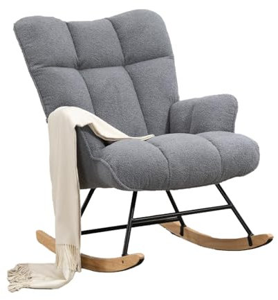 Aunekiv Rocking Chair for Nursery, Teddy Upholstered Glider Nursing Chair for Adults, Comfy Rocking Armchair Indoor for Living Room Bedroom, Darkgrey