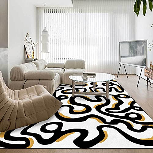 LOBTRMI Washable Rug Für Küche, Pflegeleicht Ideal Fürs Wohnzimmer, Schlafzimmer Und Flur Moderner Abstrakter Gestreifter Teppich Schwarz Und Weiß Gelb, 80 x 150 cm