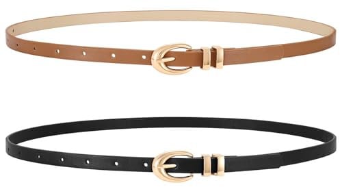 WERFORU 2 Stück Damen Skinny Gürtel Damen Dünne Ledergürtel mit Gold/Silber Schnallen für Jeans Hosen Kleider