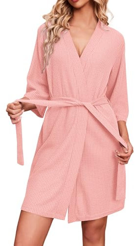 Ekouaer Robe pour femme en tricot gaufré peignoir longueur genou Peignoirs de bain Rose Clair L
