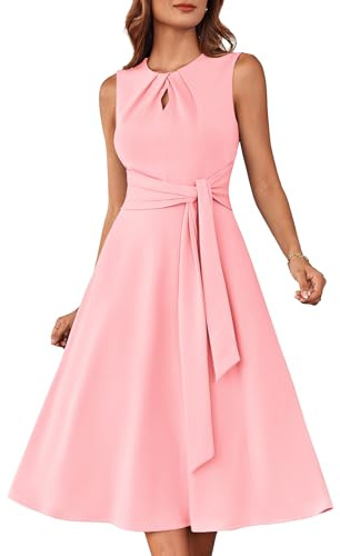 Women's Wedding Guest Dress Simple Swing Summer Dress with Belt Light Pink L