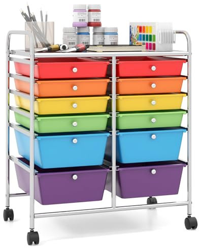 COSTWAY 12 Drawers Rolling Storage Cart, Home Office Stationary Utility Trolley with 4 Wheels, Multipurpose Mobile Organiser Shelving Unit for Makeup Beauty Salon (Rainbow)