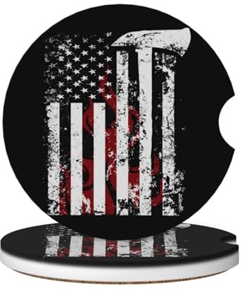KOSUES American Flame Axe Firefighter Flag Absorbent Ceramic Car Coasters