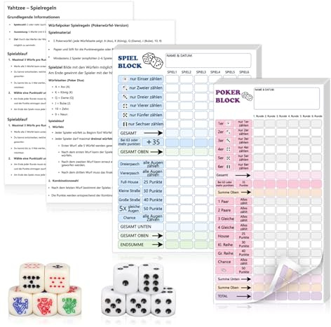XUWAIDSGN 14 Stück Würfel Spiel Set Yahtzee Kniffel 5 Würfel Pokerwürfel 2 Punktetabelle 2 Spielanleitung Gewinnkarten Spielblöcke