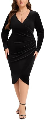 Kyzoeyou Robe portefeuille en velours grande taille pour femme avec col en V froncé et manches longues pour cocktail, vacances, soirée, mariage, b-noir, 5XL Grande taille