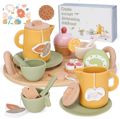 BBWELL Teeset aus Holz für Kinder, Teeset aus Holz, Küchenzubehör für Kinder, Mädchen, 17-teiliges Küchenzubehör mit Zubehör, Geschenk für Mädchen 3+ Jahre