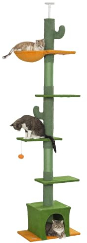 PawHut Árbol para Gatos de Suelo a Techo de 230-275 cm Torre Verde | Altura Ajustable, Plataformas, Cueva, Hamaca, Postes de Sisal, Bola de Juguete