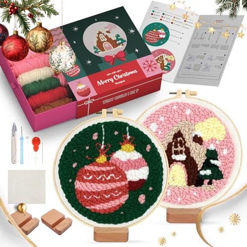 yuegool 2-teiliges Stanznadel-Dekorationsset, einfaches DIY-Stickerei-Set für Anfänger, Erwachsene, Kinder, einschließlich Muster, Werkzeuge, Garne, Reifen, Anleitung, Halterungs-Kunst-Bastelzubehör
