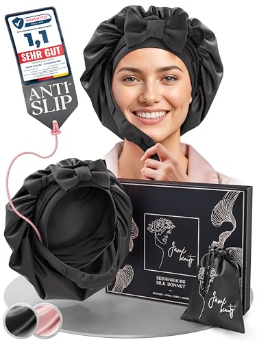 Jamé beauty® Seidenhaube zum Schlafen - 100% Maulbeerseide | Schlafhaube Seide, Schutz vor Frizz, Haarbruch & Knoten, Silk Bonnet mit Kinnriemen für extra Halt, Doppellagige Schlafmütze