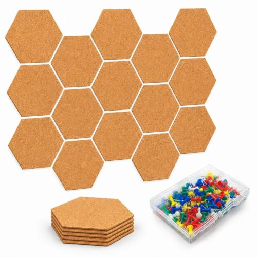 20 Stück Pinnwand Kork, selbstklebende Pinwand mit 100 Mini-Pinnnadeln | Sechseckige Pinnwand Filz,Kork für Schule, Büro, Home-Deko DIY,Stabile, vielseitige Pinnwand