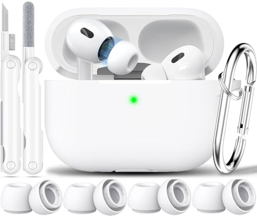 Joremx Kompatibel mit AirPods Pro 2 hülle (2022),Silikon Case für AirPods Pro 2 (2019) (USB-C/Lightning-Anschluss 2023), Mit Ohrstöpseln(Größe 4. XS/S/M/L) und Reinigungsset–Weiß