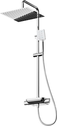 Cobbe Thermostatisches Duschsystem mit 25x25cm Eckigem Regendusche, Drei-Wege-Umschaltung, 6-Strahlarten Eckigem Duschkopf mit 1,5m Schlauch und Höhenverstellbarer Duschstange fürs Badezimmer (Chrom)