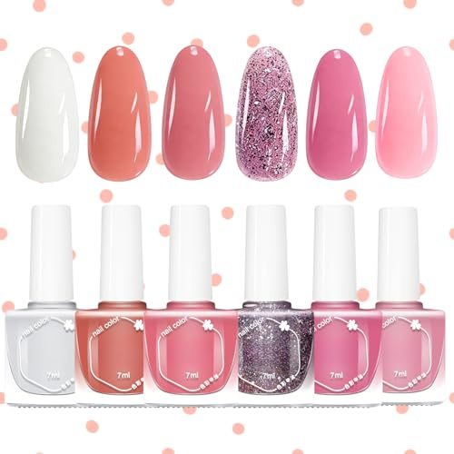 6PCS Pink Nail Polish Set,Quick Dry & Long Lasting Nude Pink Purple Glitter Varnish,Water Based Natural Nail Varnish Sets for Women DIY Nail Art,No Need Cure