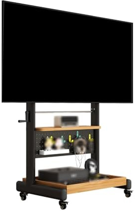 40-120 Inch Mobile Tv Stand on Wheels Black Steel Frame Monitor Stand with Pegboard and Shelf Rolling Tv Stands Adjustable Height Rolling Tvs Cart for Bedroom, Living Room, Office(Yellow,50-120 Inch)