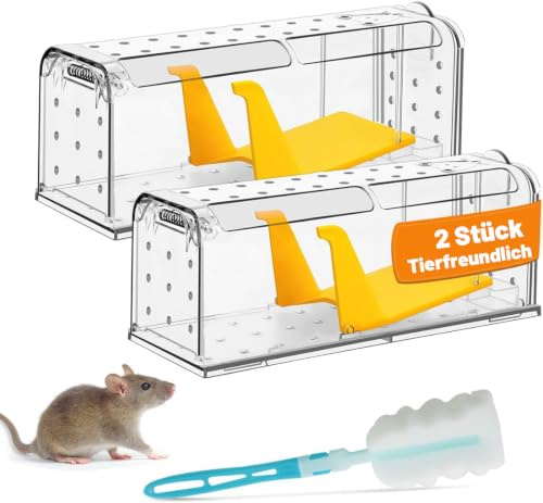 KENNEAS Mausefalle Lebend 2er Pack, Lebendfalle Maus, Wiederverwendbar, Tierfreundliche, Hochsensitive Quick Release, Kontakt mit Mäusen vermeiden - Gartenzubehör(2, Transparent)