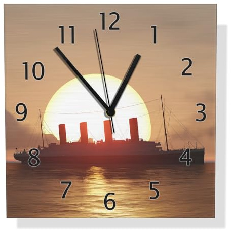 Wallario Design Wanduhr Ozeandampfer im Sonnenuntergang aus Aluverbund, Alu-Uhr Größe 30 x 30 cm, Schwarze Zeiger mit Metalloptik