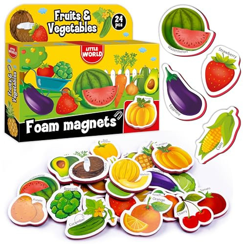 Little World 31 Magnete Kinder für Magnettafel - Kühlschrankmagnete Kinder - Magneten Kinder Spielzeug - Magnete Kinder Kühlschrank - Magnetisches Früchte und Gemüse - Kinder Magnete für 3