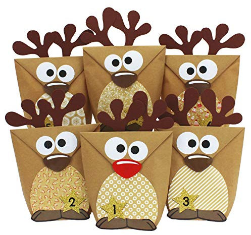 Papierdrachen DIY Adventskalender 2024 zum Befüllen - Rentiere mit braunen Bäuchen zum selber Basteln - 24 Tüten zum individuellen Gestalten und zum selber Füllen - Weihnachten für Kinder