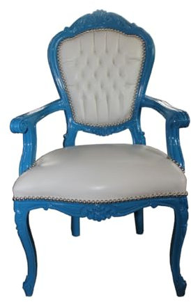 Casa Padrino Barock Esszimmerstuhl Blau/Weiß Lederoptik mit Armlehnen