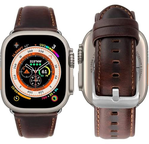 MroTech Compatible con Correa Apple Watch 49mm 45mm 44mm 42mm Pulseras de Repuesto para iWatch Serie 8/7/6/5/4/3/2/1/SE/Ultra Replacment Banda de Reloj Cuero Piel Genuino Hebilla Plata,Classic Café